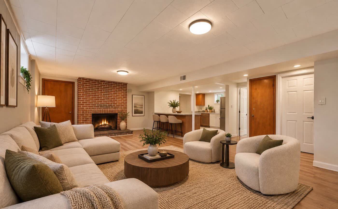 Lower level living area, virtually staged